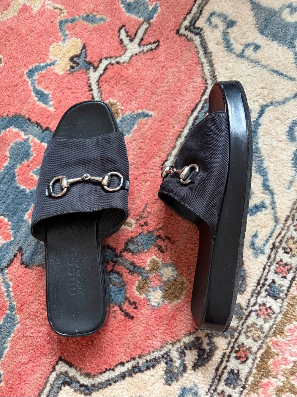 Gucci Black Fabric Slide Sandals with Silver Horsebit